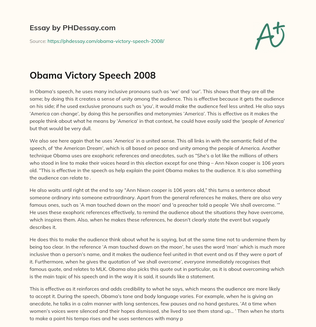 Obama Victory Speech 2008 essay