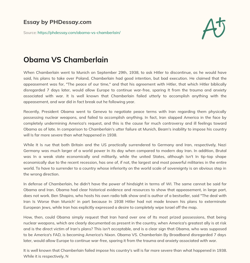 Obama VS Chamberlain essay