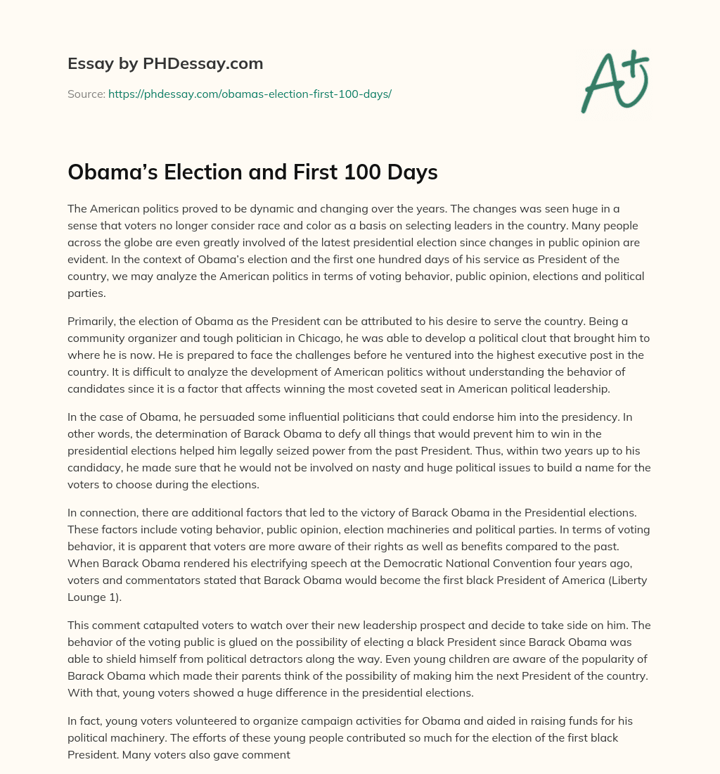 Obama’s Election and First 100 Days essay