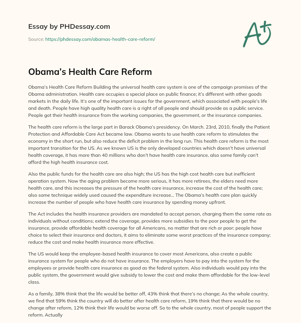 Obama’s Health Care Reform essay