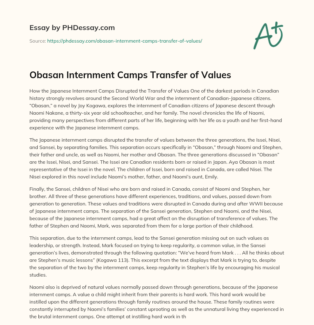 Obasan Internment Camps Transfer of Values essay