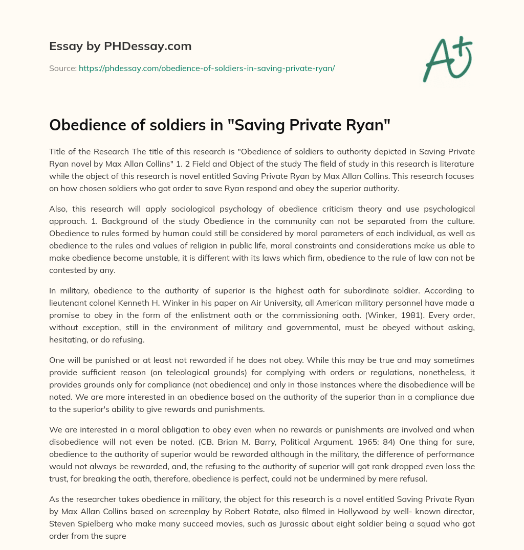 Obedience of soldiers in “Saving Private Ryan” essay