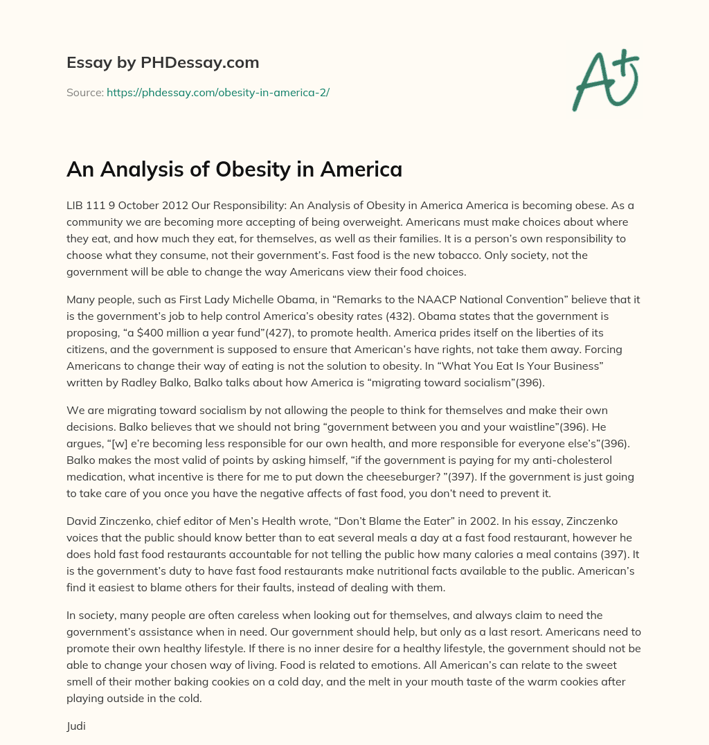 An Analysis of Obesity in America essay