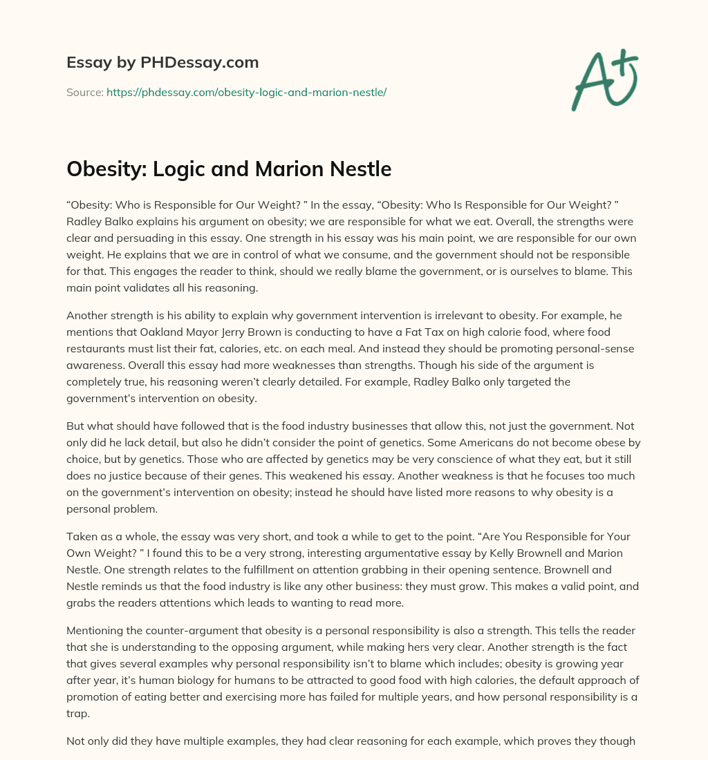 Obesity: Logic and Marion Nestle essay