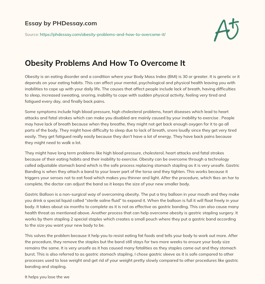 Obesity Problems And How To Overcome It essay