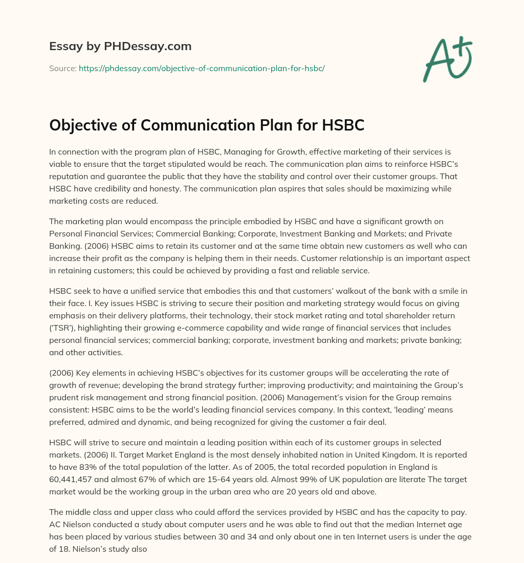 Objective of Communication Plan for HSBC essay