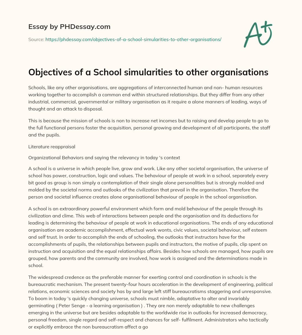 Objectives of a School simularities to other organisations essay