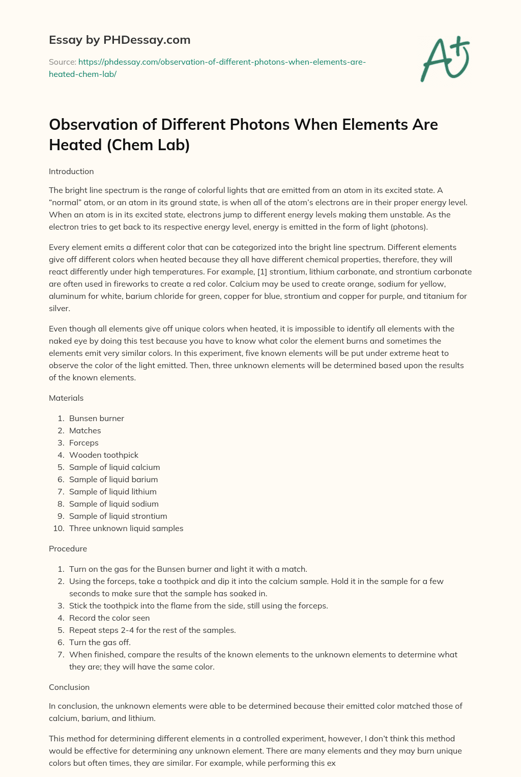 Observation of Different Photons When Elements Are Heated (Chem Lab) essay
