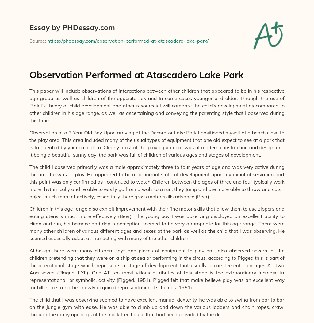 Observation Performed at Atascadero Lake Park essay