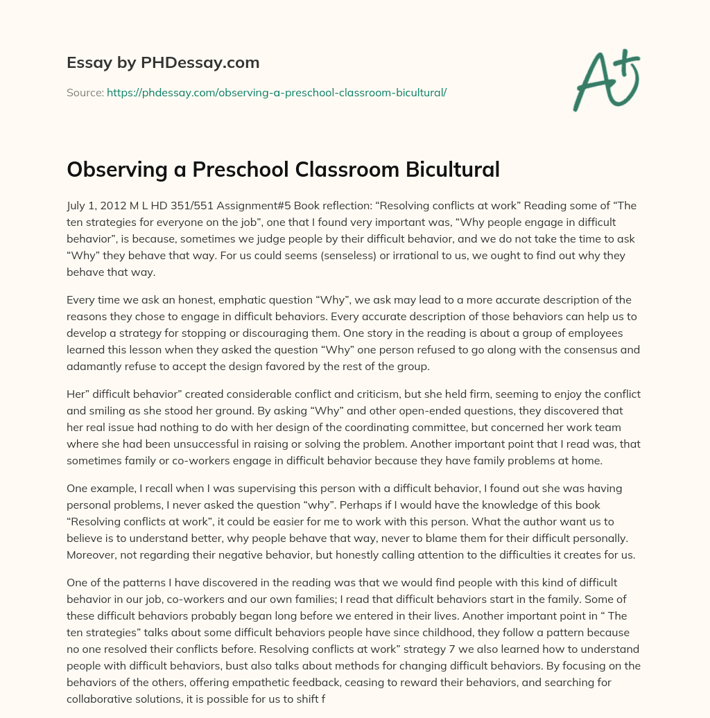 Observing a Preschool Classroom Bicultural essay