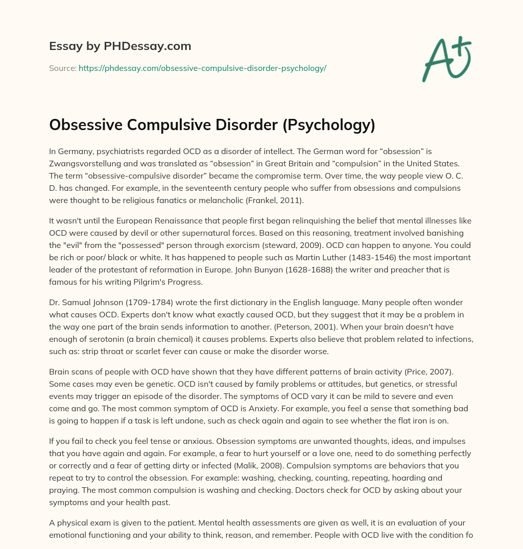 Obsessive Compulsive Disorder (Psychology) essay