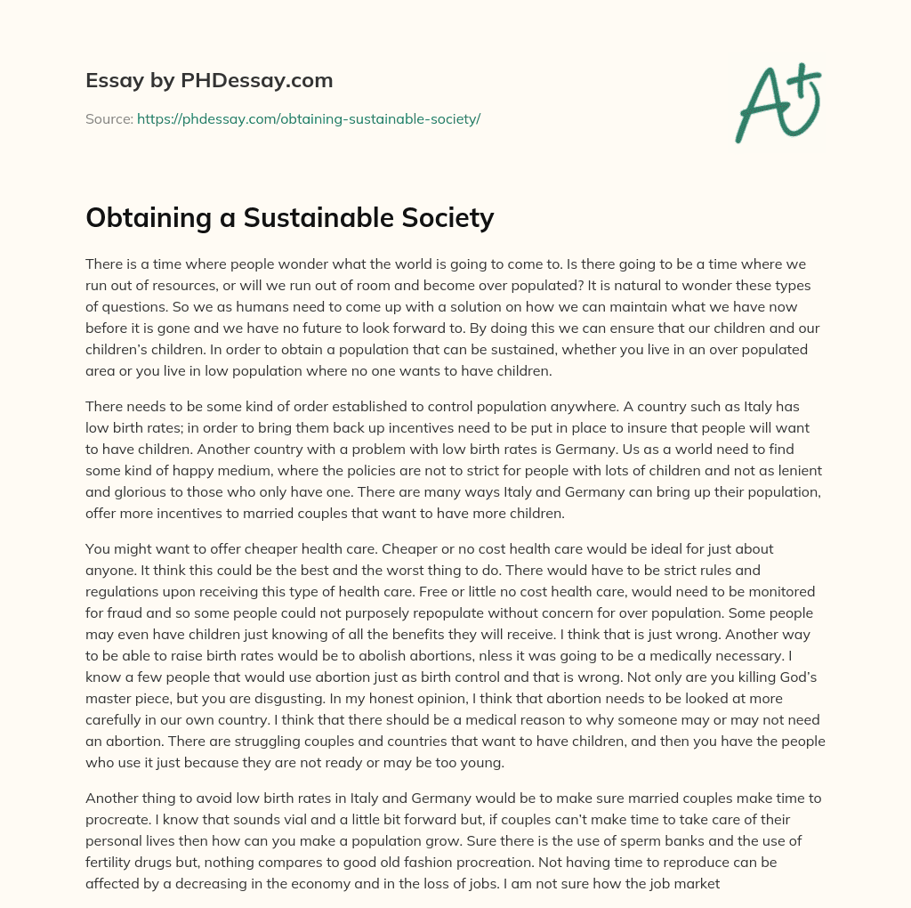 Obtaining a Sustainable Society essay