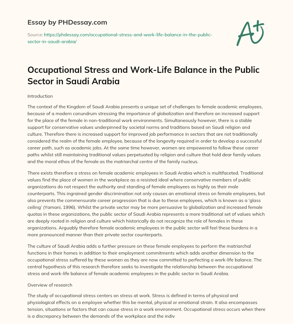 Occupational Stress and Work-Life Balance in the Public Sector in Saudi Arabia essay