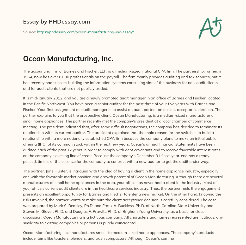 Ocean Manufacturing, Inc. essay