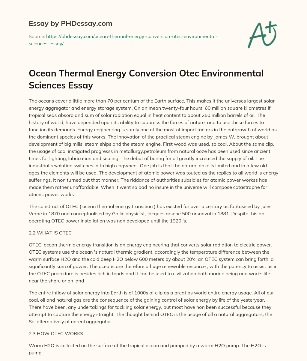 Ocean Thermal Energy Conversion Otec Environmental Sciences Essay essay