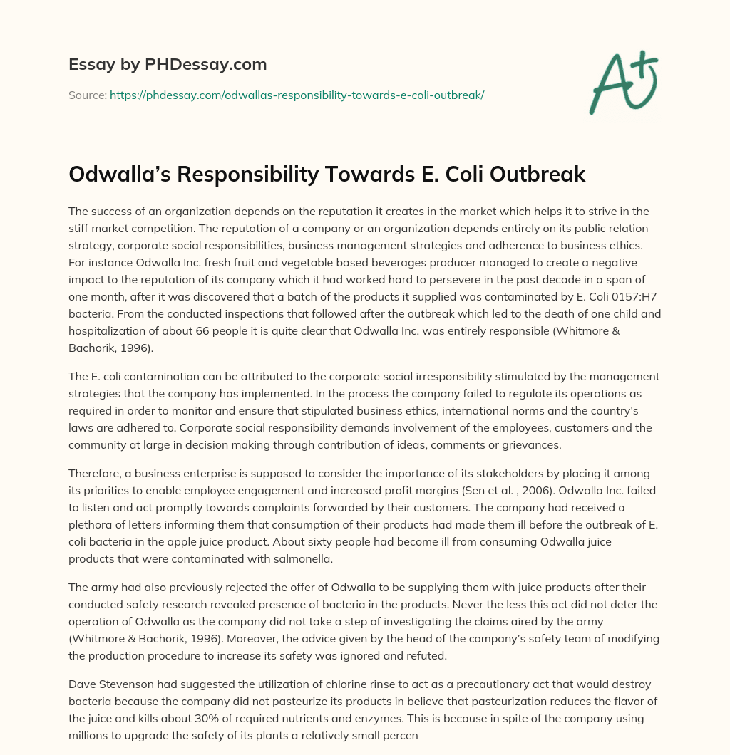 Odwalla’s Responsibility Towards E. Coli Outbreak essay