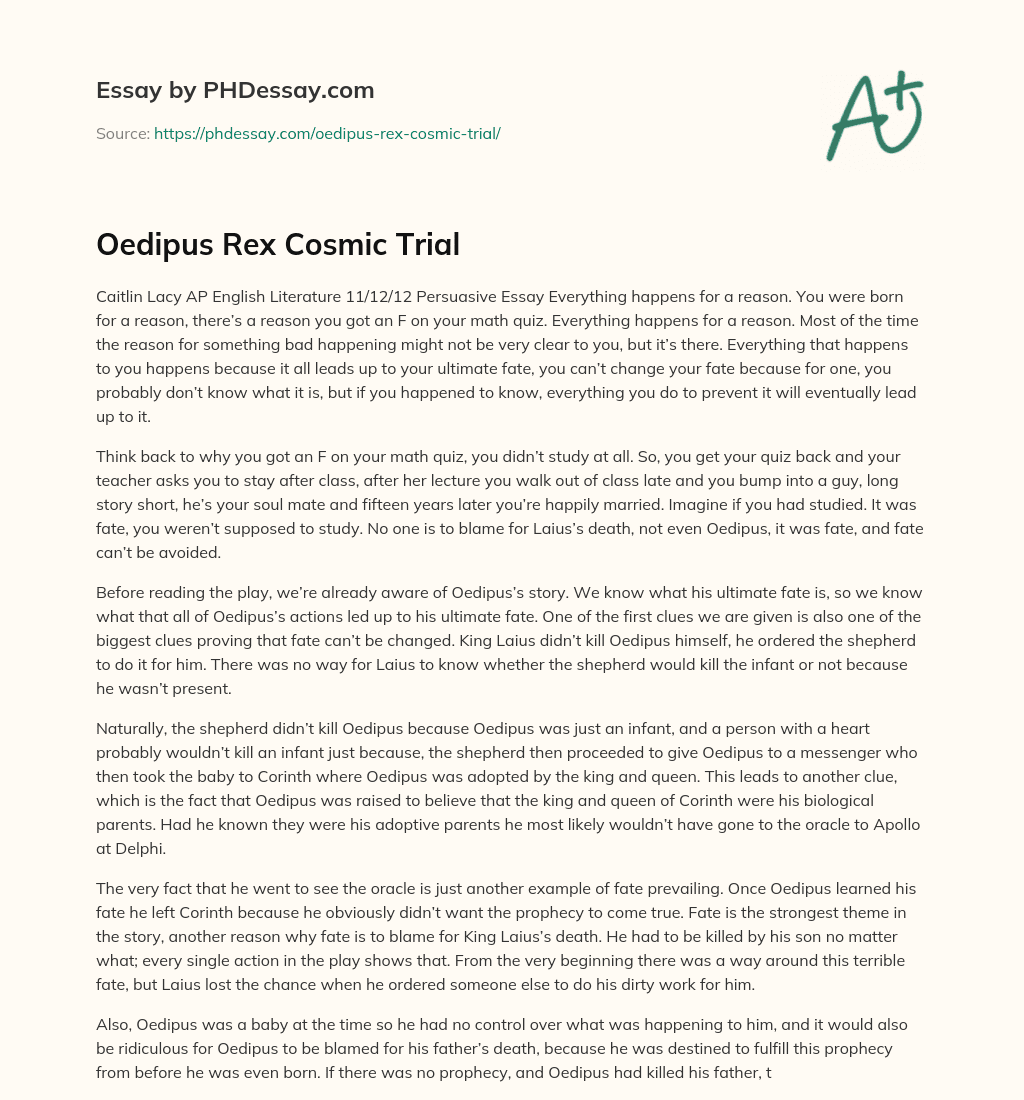 Oedipus Rex Cosmic Trial essay