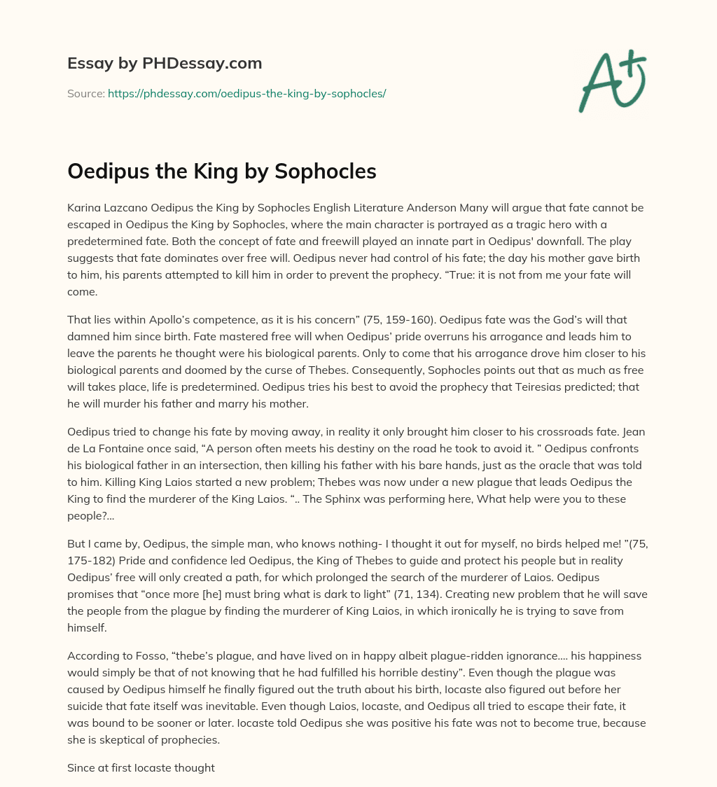 Oedipus the King by Sophocles essay