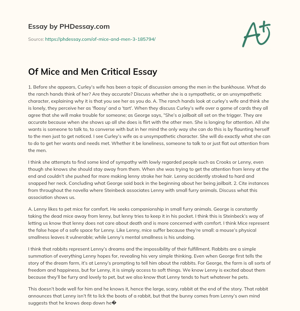Of Mice and Men Critical Essay essay