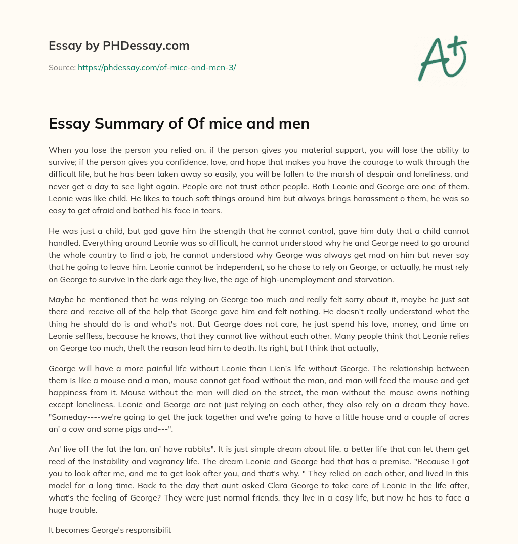 Essay Summary of Of mice and men essay