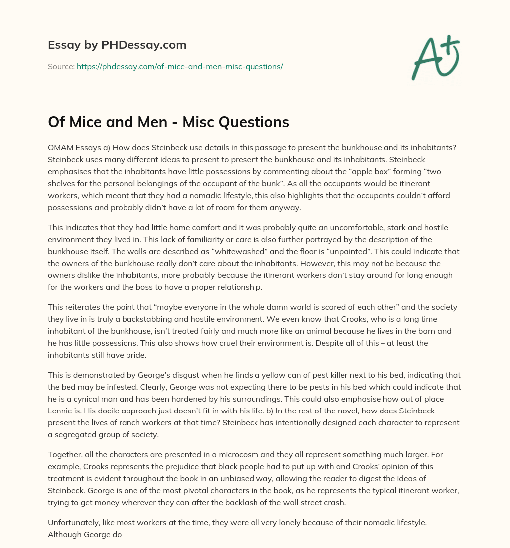 Of Mice and Men – Misc Questions essay