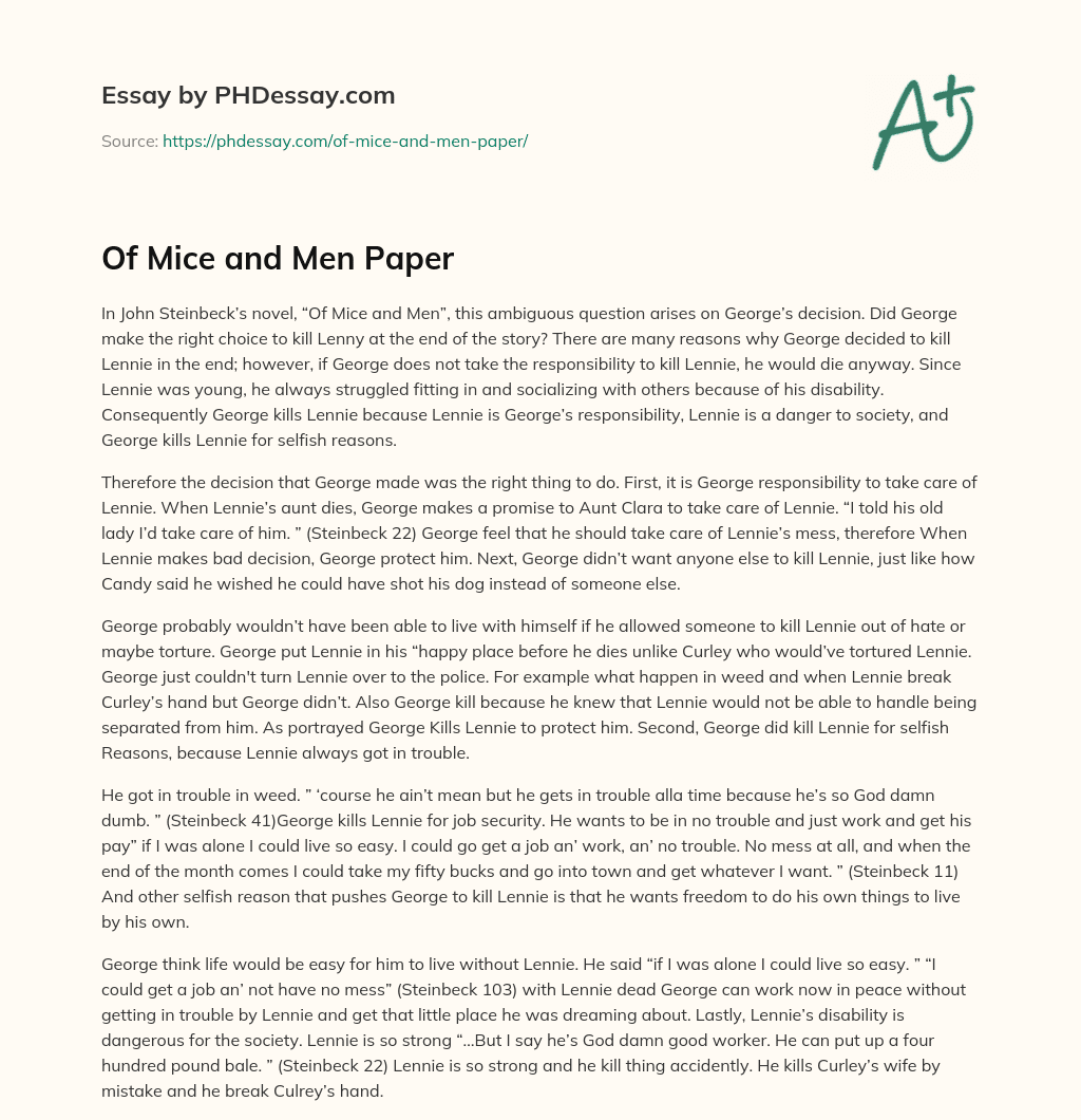 Of Mice and Men Paper essay