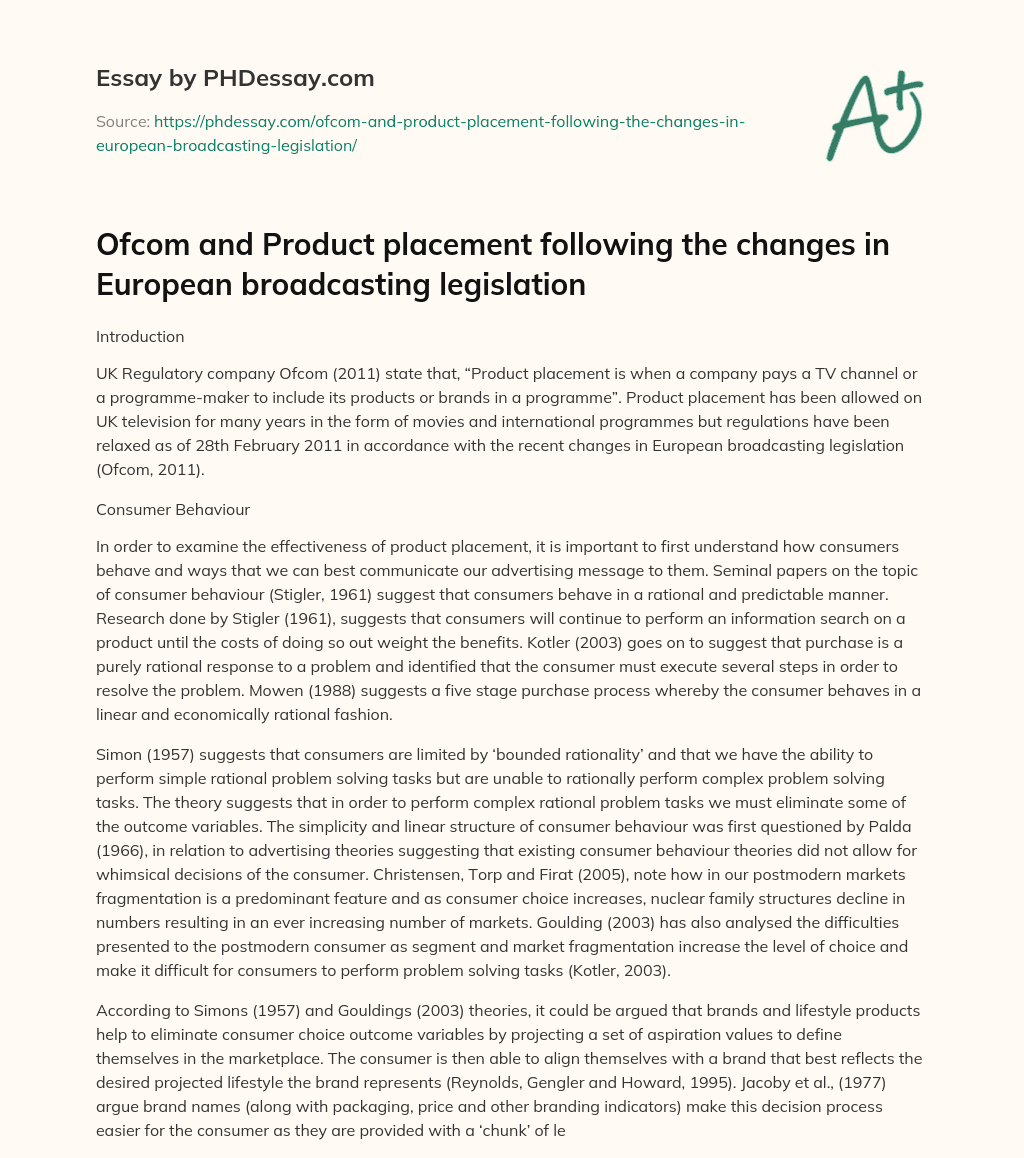 Ofcom and Product placement following the changes in European broadcasting legislation essay