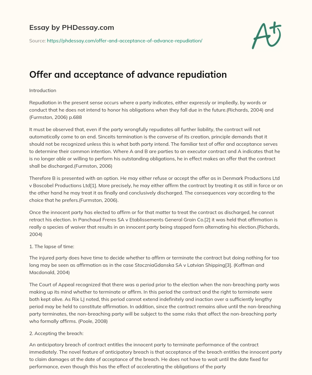 Offer and acceptance of advance repudiation essay