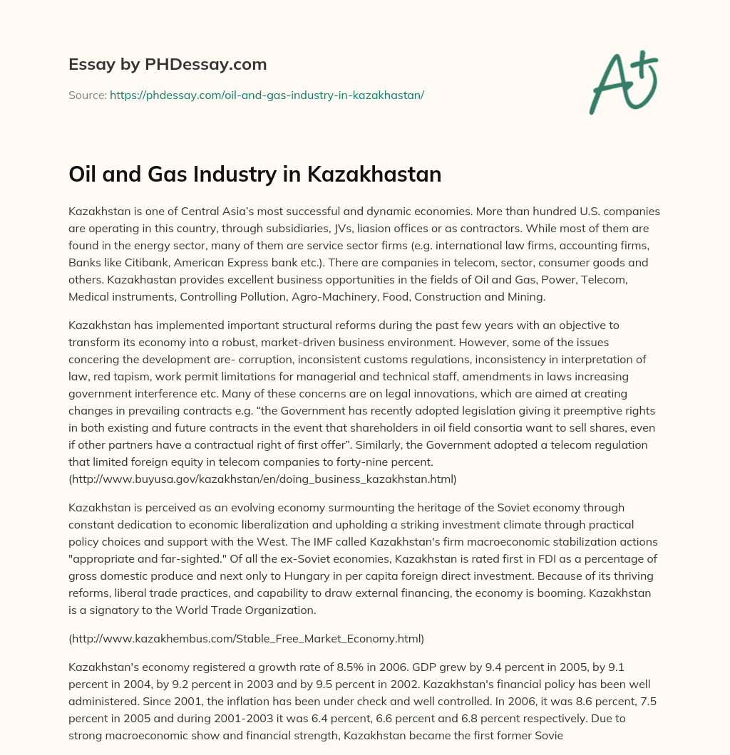Oil and Gas Industry in Kazakhastan essay
