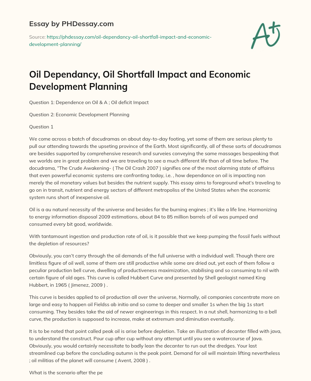 Oil Dependancy, Oil Shortfall Impact and Economic Development Planning essay