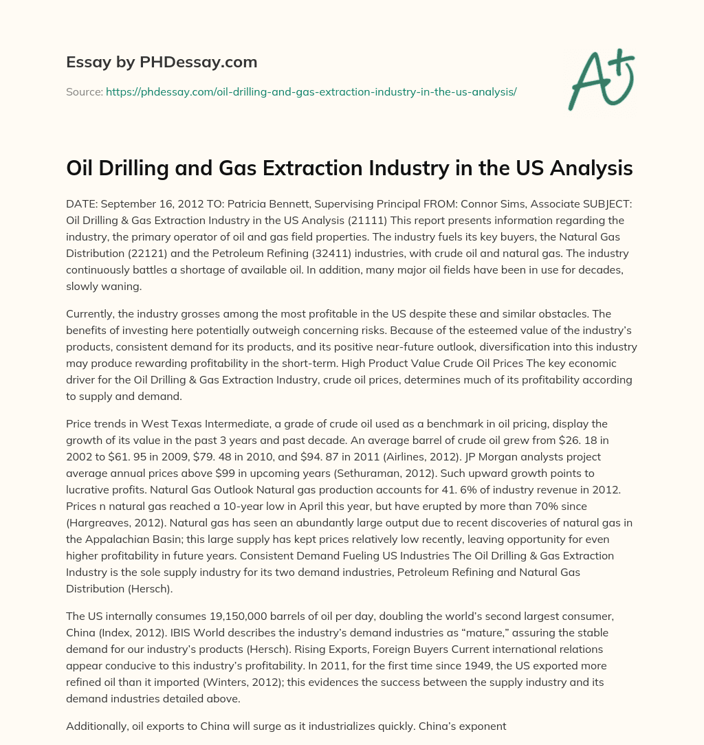 Oil Drilling and Gas Extraction Industry in the US Analysis essay