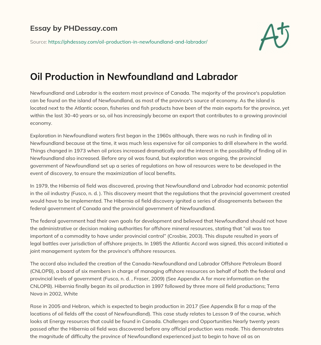 Oil Production in Newfoundland and Labrador essay