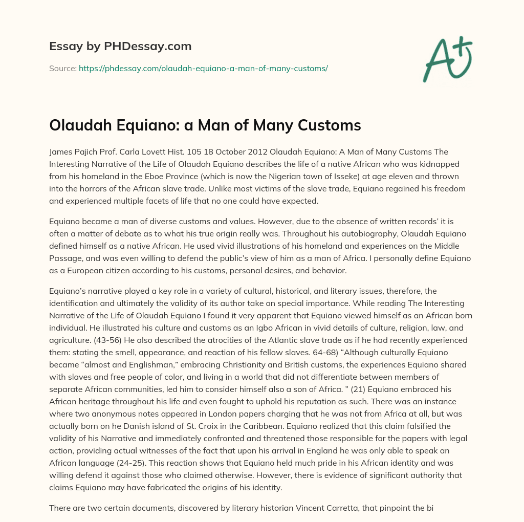 Olaudah Equiano: a Man of Many Customs essay