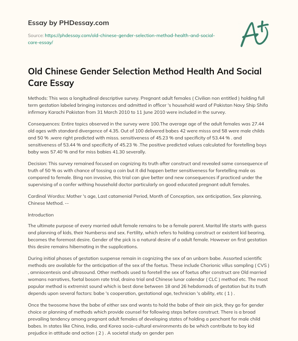 Old Chinese Gender Selection Method Health And Social Care Essay essay
