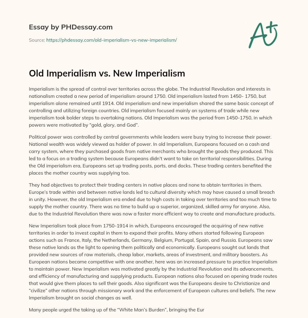 Old Imperialism vs. New Imperialism essay