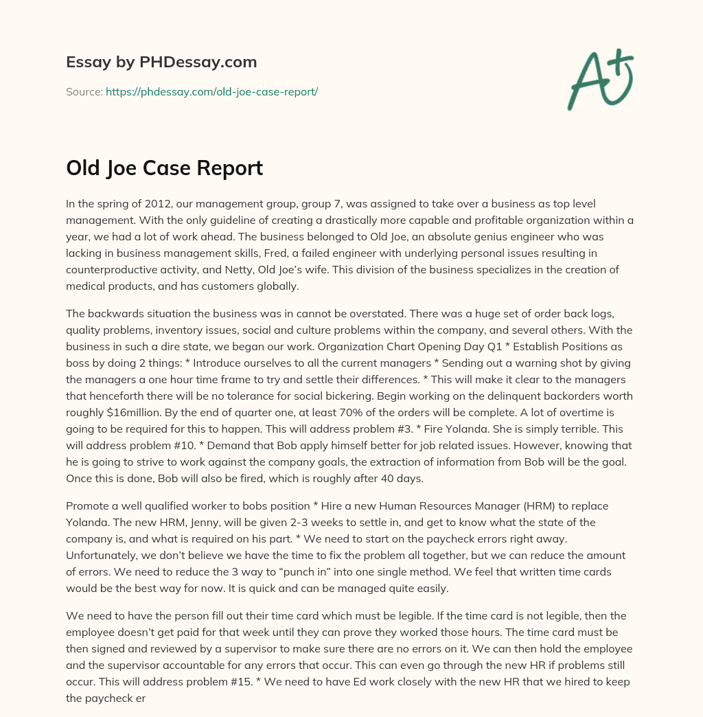 Old Joe Case Report essay