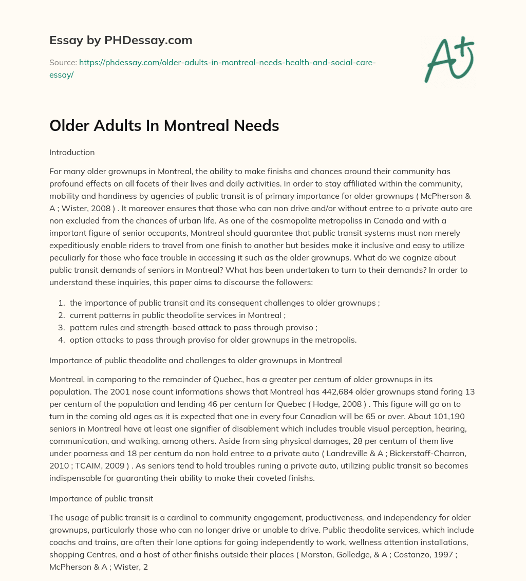 Older Adults In Montreal Needs essay