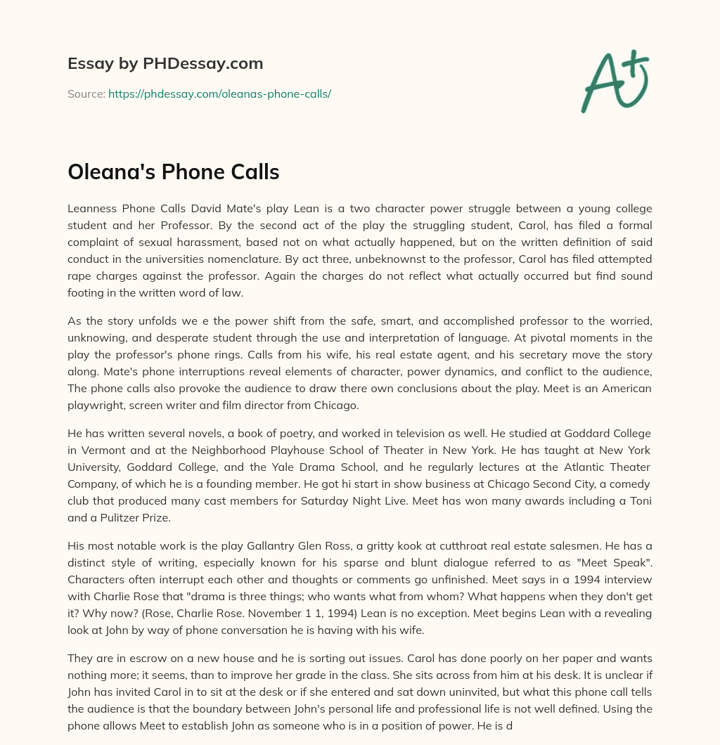 Oleana’s Phone Calls essay