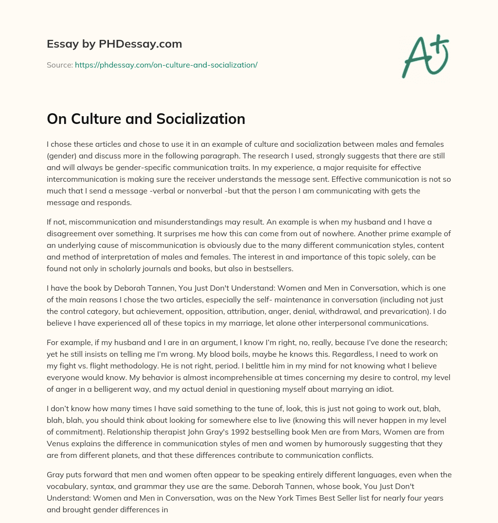 On Culture and Socialization essay