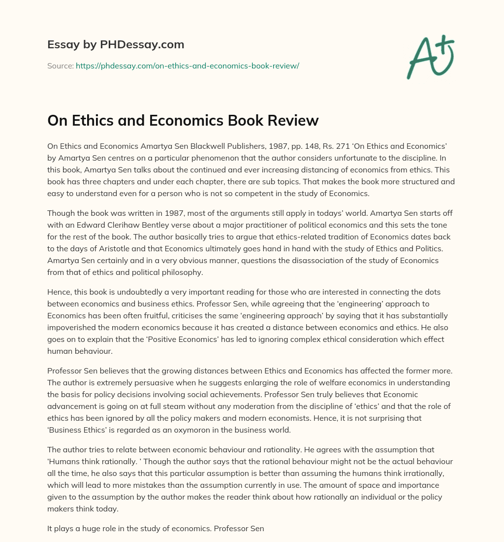 On Ethics and Economics Book Review essay