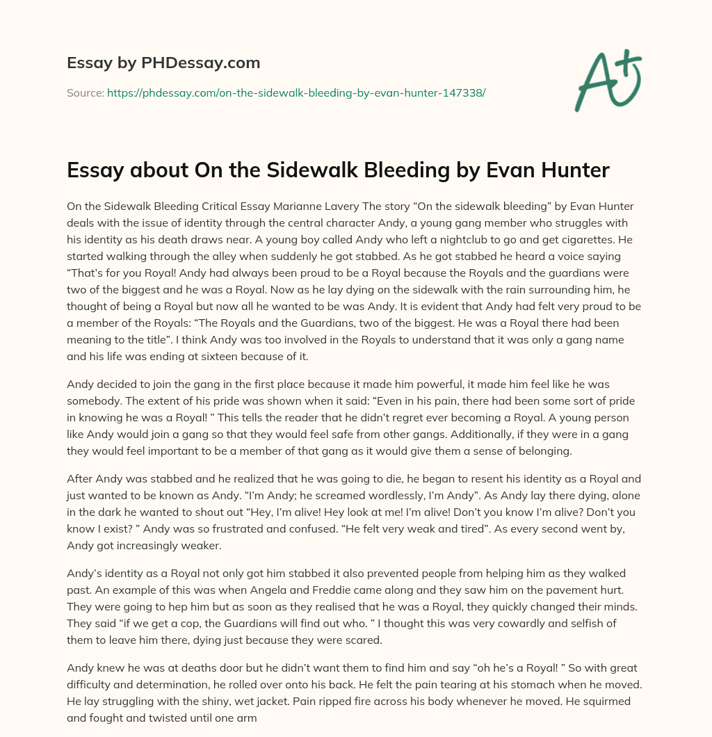 On The Sidewalk Bleeding By Evan Hunter Summary And Analysis Essay