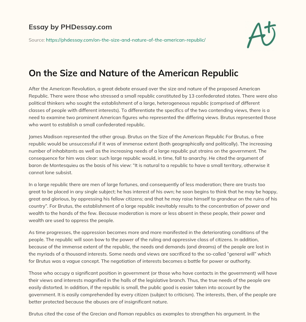 On the Size and Nature of the American Republic essay