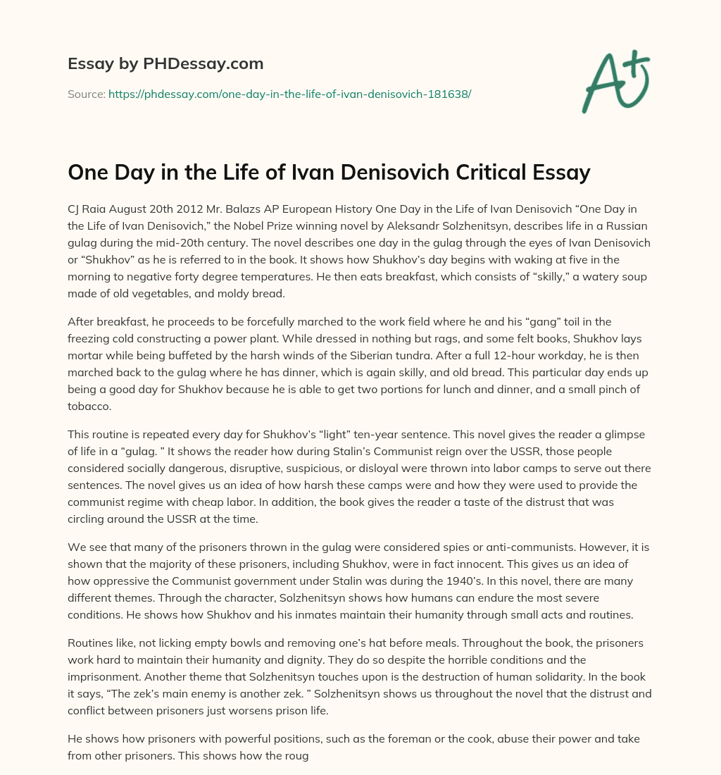 One Day in the Life of Ivan Denisovich Critical Essay essay