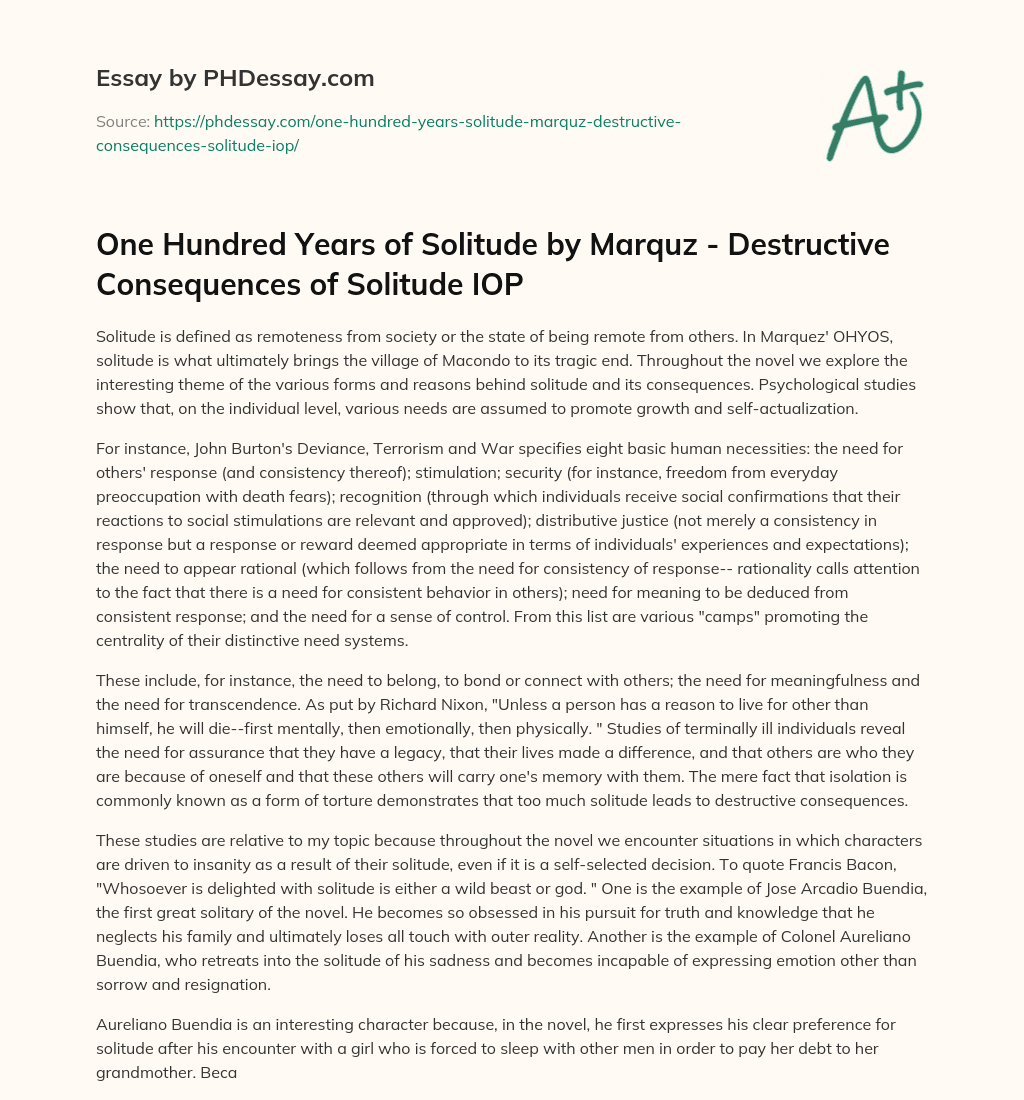 One Hundred Years of Solitude by Marquz – Destructive Consequences of Solitude IOP essay