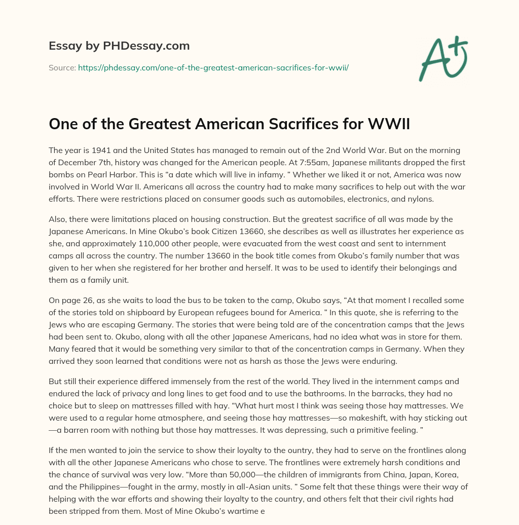 One of the Greatest American Sacrifices for WWII essay