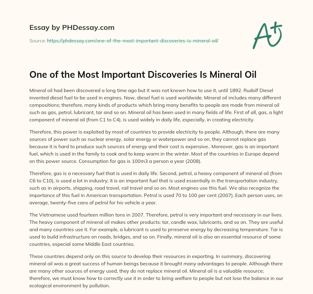One of the Most Important Discoveries Is Mineral Oil essay