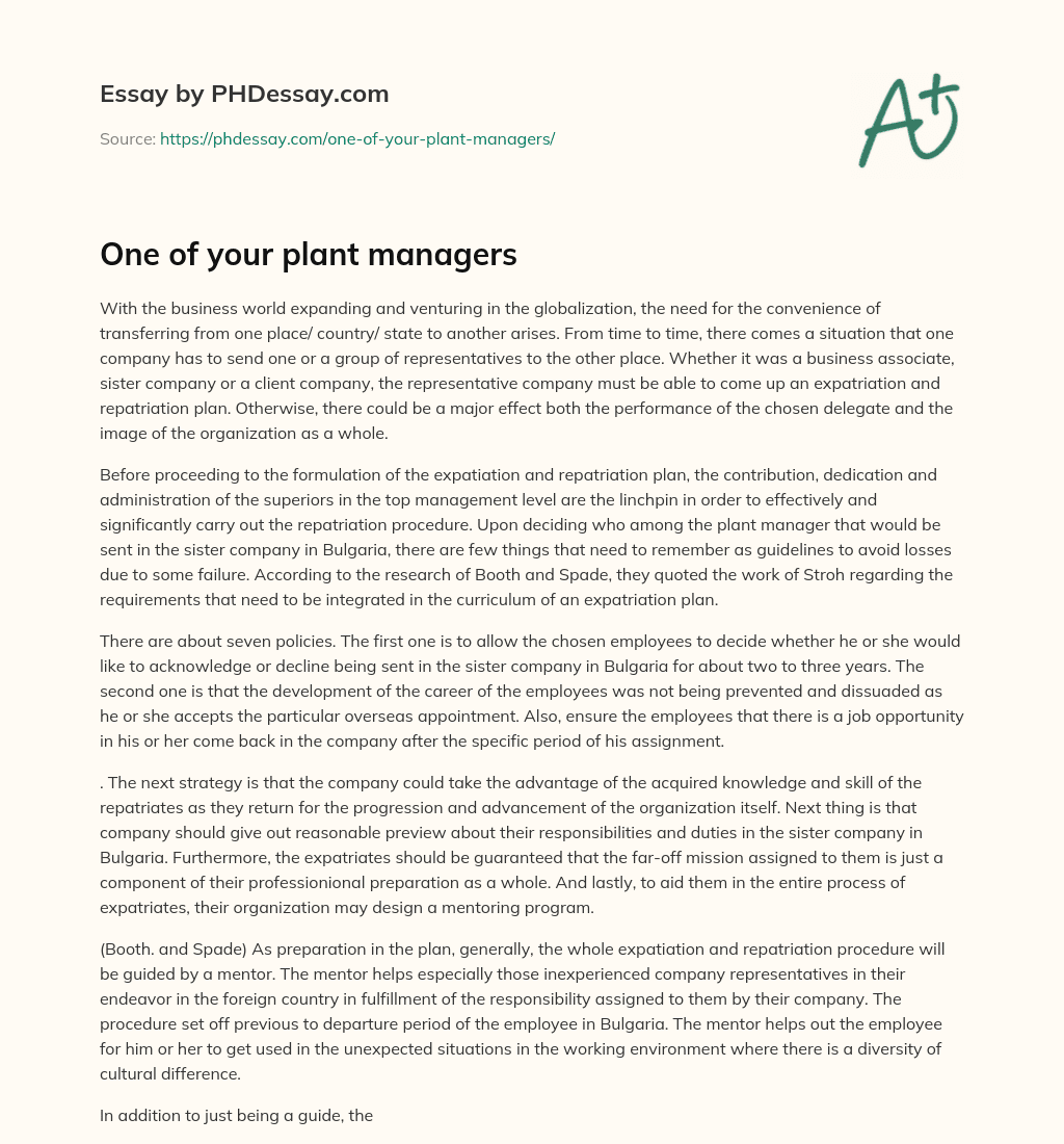 One of your plant managers essay