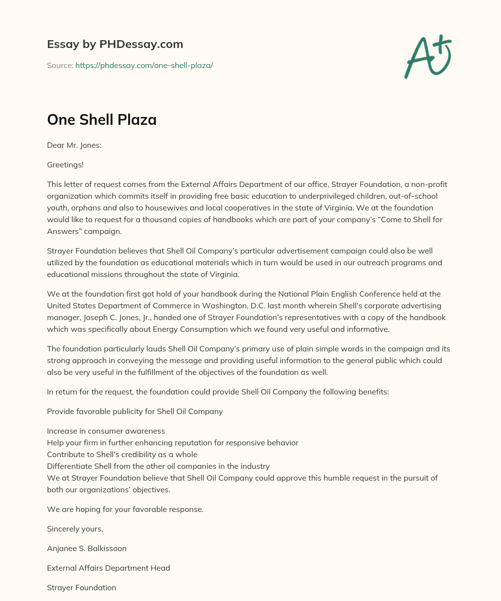 One Shell Plaza (300 Words) - PHDessay.com