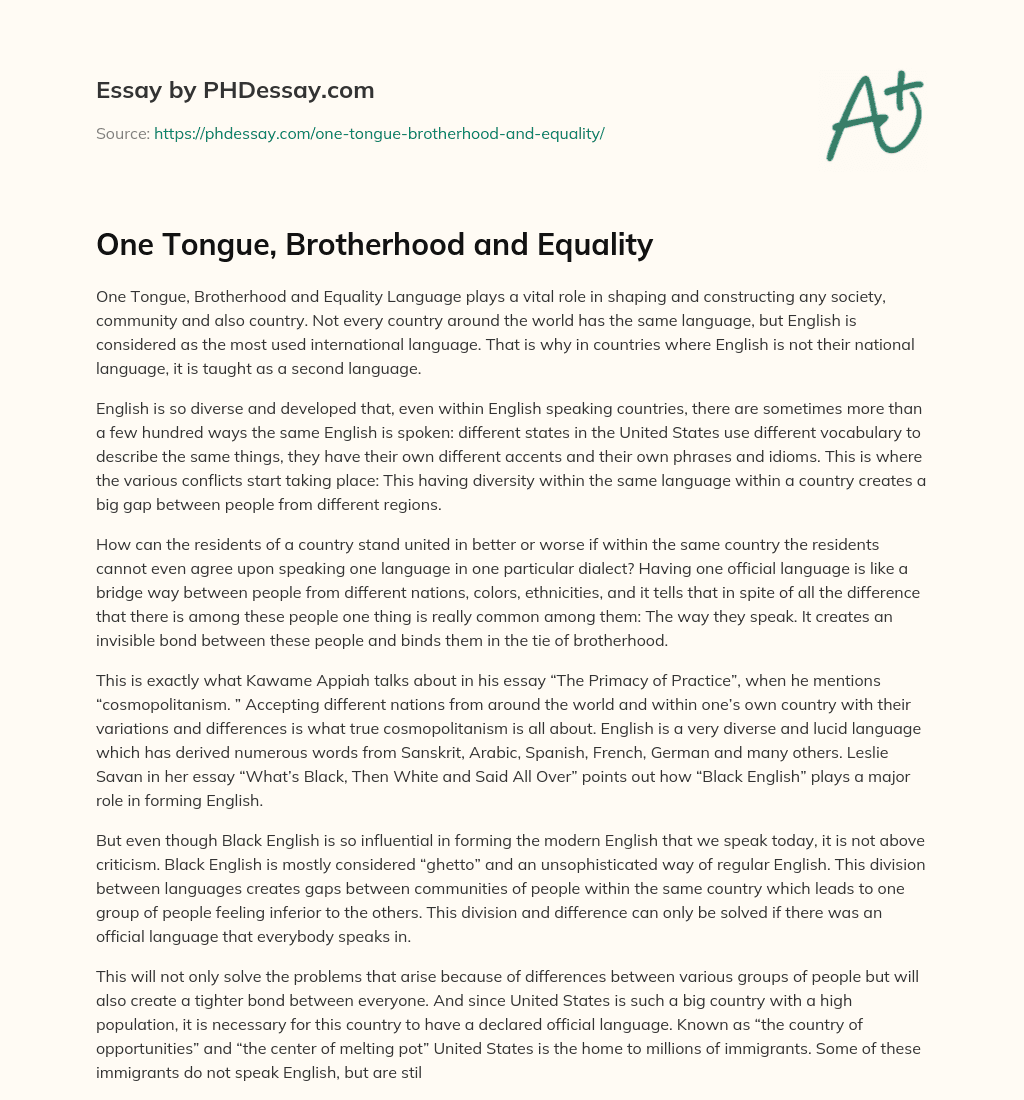 One Tongue, Brotherhood and Equality essay