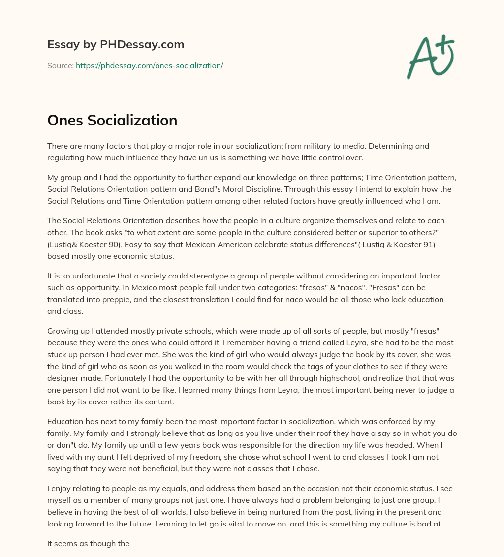Ones Socialization essay